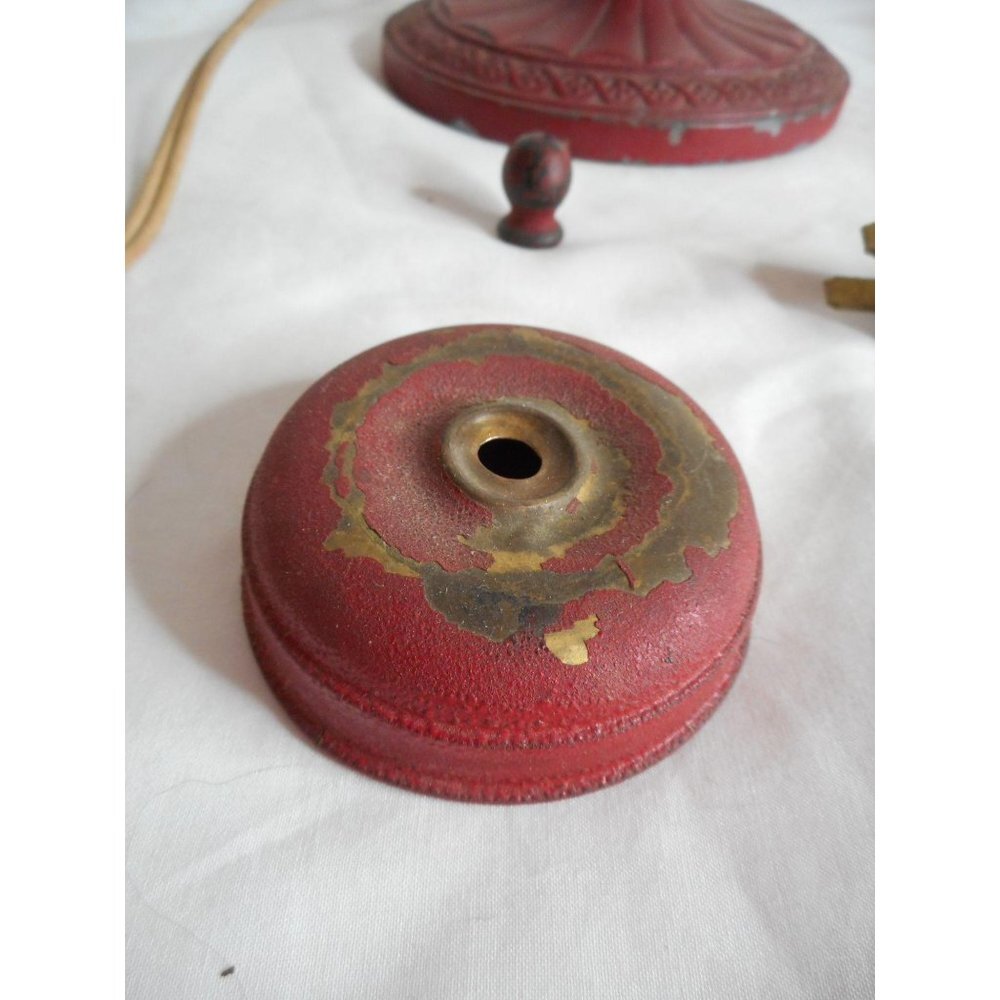 Antique Red Boudoir Desk lamp Metal Floral Basket - Picture 11 of 13